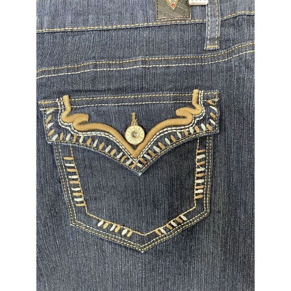 Midi Denim Skirt Size XL Y2K Dark Blue Be-Girl Embroidery Flap Pockets Modest - Picture 4 of 8